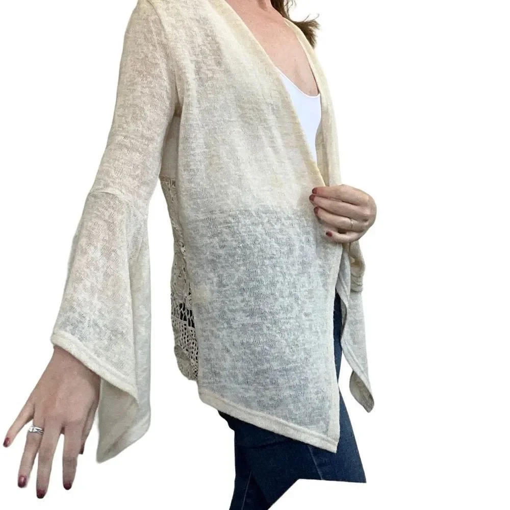 Alya Knit Crochet Cardigan Sweater Boho Long Sleeve Cream Soft Womens Size Small
